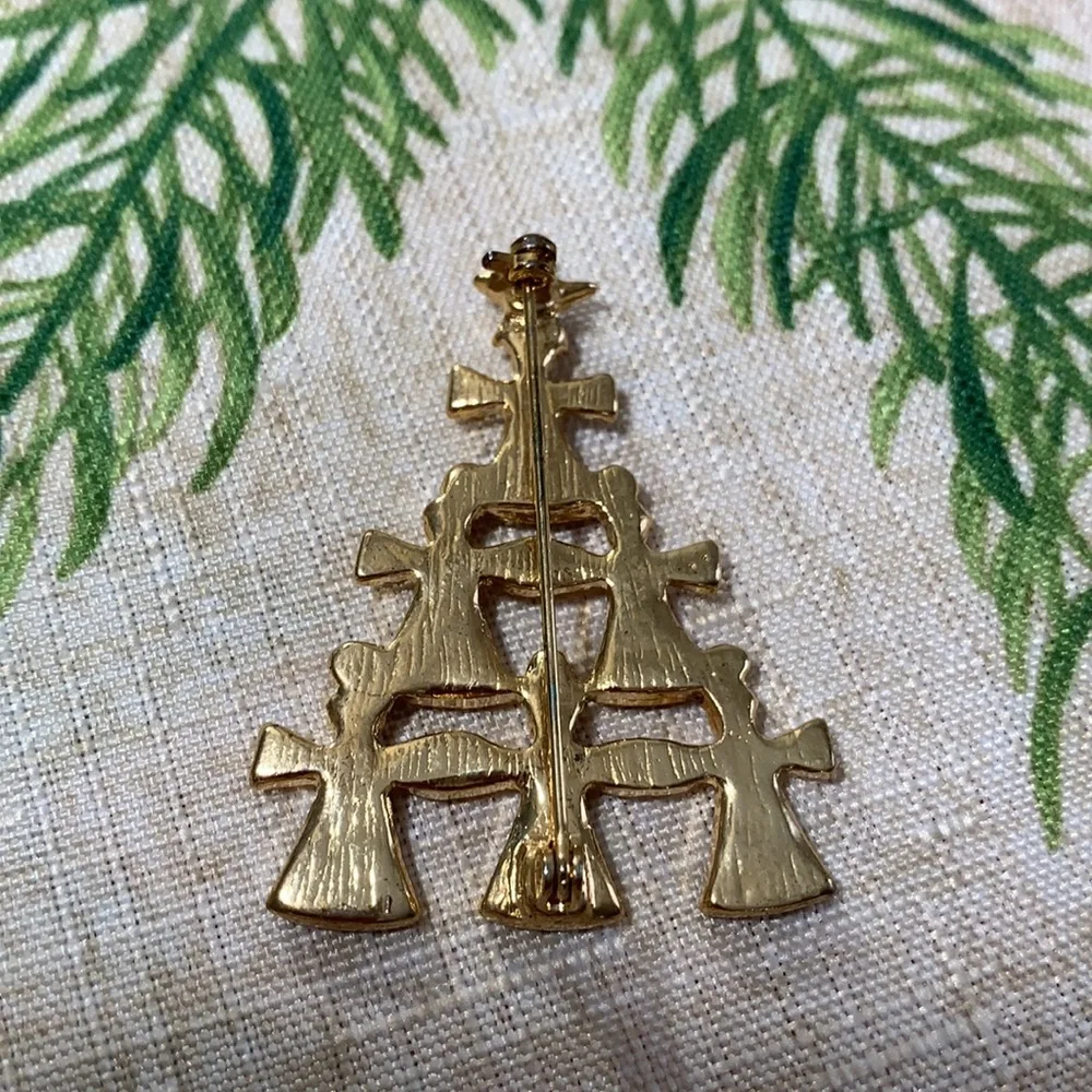 Vtg Angels Christmas Tree Brooch Red Green Enamel Gold Tone Rhinestones